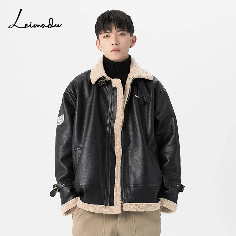 皮毛一体加绒PU皮衣男秋冬翻领羊羔绒棉衣外套男士加厚机车夹克潮