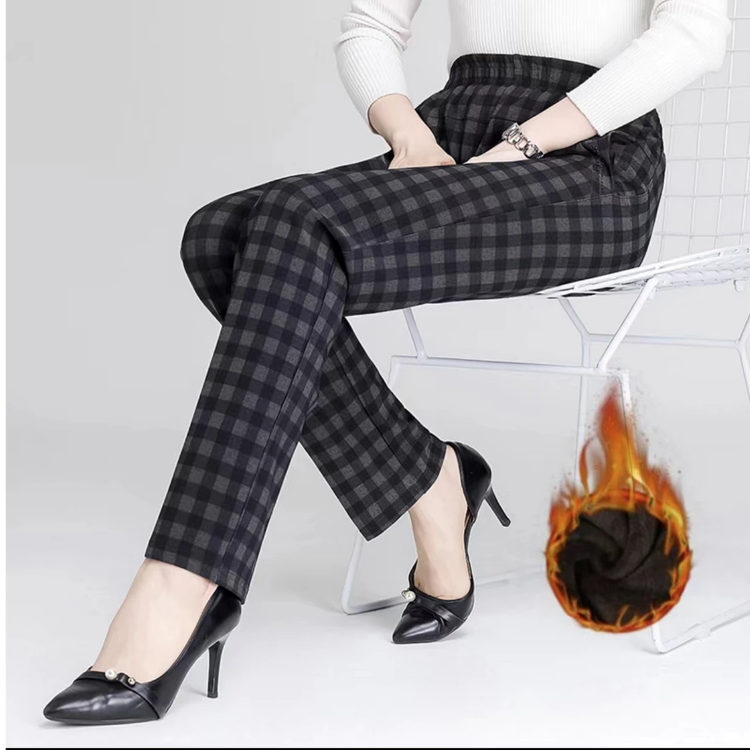 中老年妈妈格子裤加绒秋冬直筒休闲裤时尚高腰显瘦加厚外穿格纹