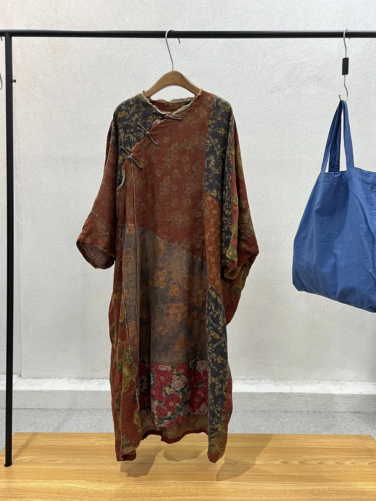 忆古补拙民族风中式国风拼布印花斜襟盘扣毛边麻料连衣裙2024