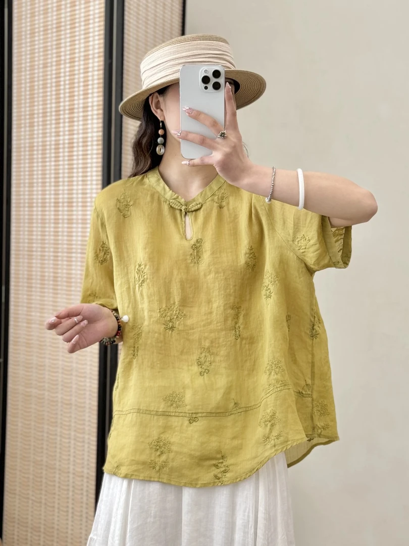 新中式文艺苎麻印花上衣女2024年夏季大码设计感