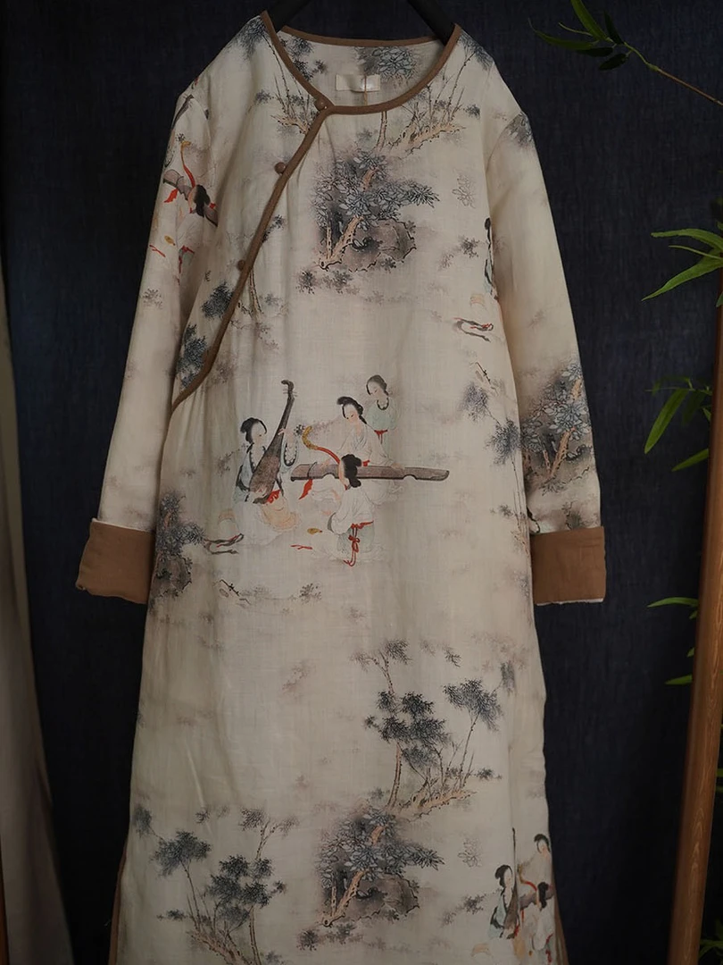 冬季新款 中式国画风侍女厚苎麻印花斜襟夹棉长旗袍复古长棉衣