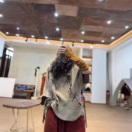 衣牧了然黄麻宽松手工短袖亚麻套头盘扣国风衬衫