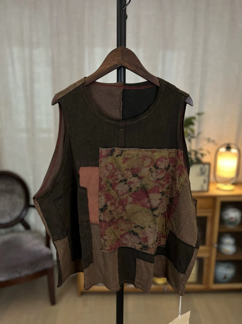 古兰木原创新款文艺复古做旧宽松大码拼接纯棉无袖背心坎肩新款