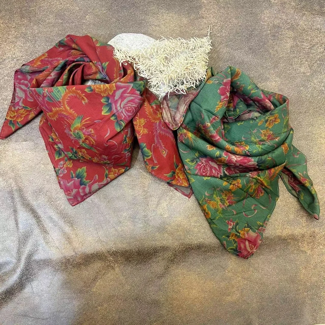 忆古朴拙棉质东北大花三角巾百搭网红双面方巾