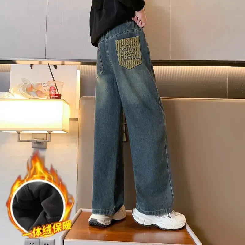 女童装秋冬季一体绒牛仔裤中大童休闲修身阔腿裤女孩宽松加厚裤子