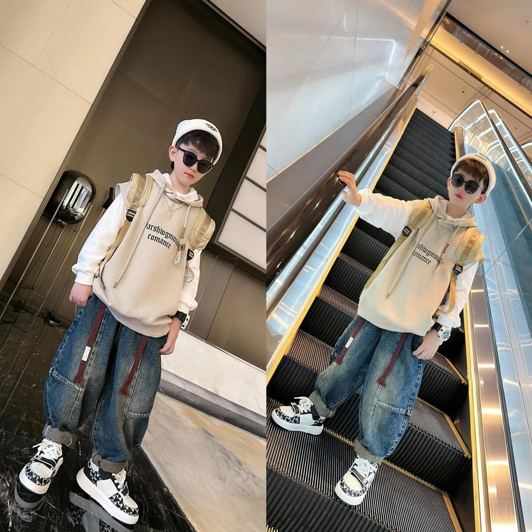 男童套装卫衣无袖2024春秋新款男孩马甲韩版连帽宽松中大童套装