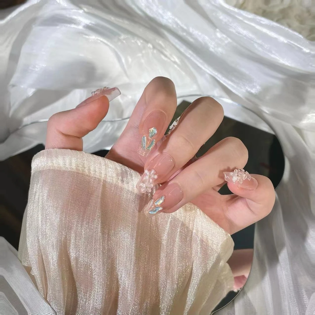 【油画木槿】手工穿戴甲冰晶小花碎钻纯欲青春气质款美甲