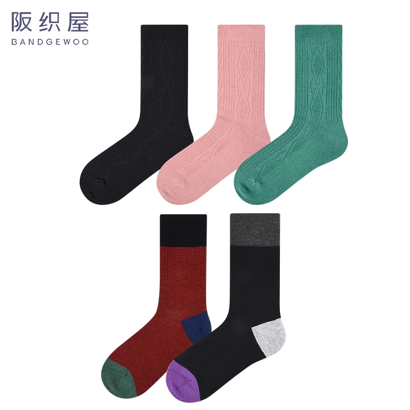 【5双装】阪织屋羊毛毛撞色纯色ins棉袜百搭透气潮流街头短筒女袜