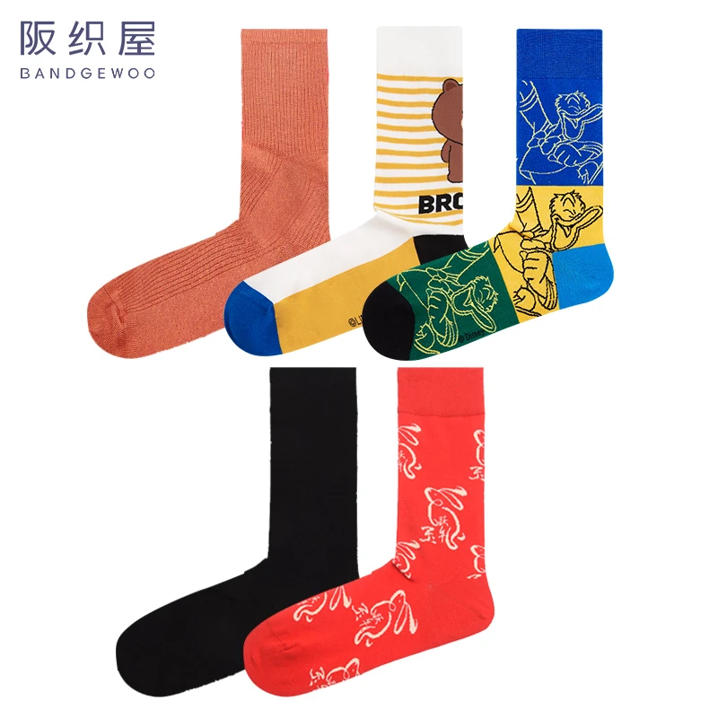 【5双装男袜】阪织屋布朗熊ins卡通冬季透气百搭中筒男袜子