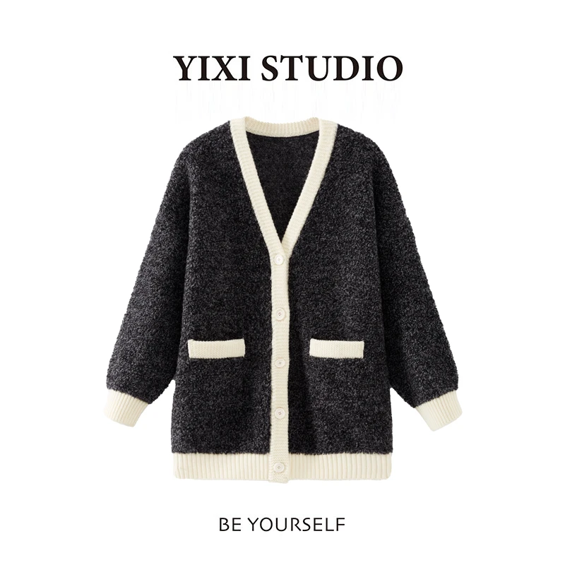 Yixi【撞色V领针织开衫】中式休闲风100%绵羊毛针织开衫 29731