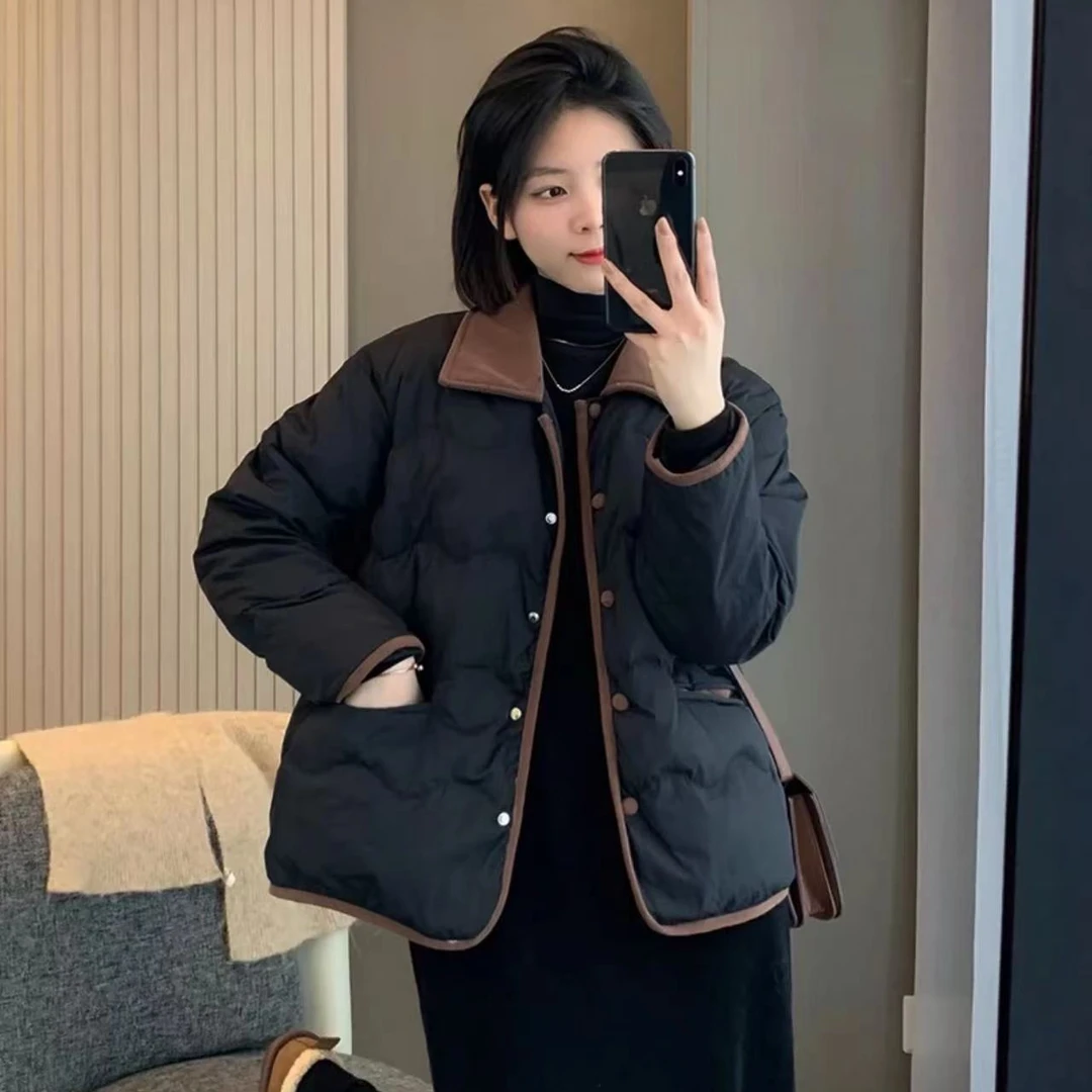 7237-灯芯绒翻领（黑色）绗线设计感羽绒服