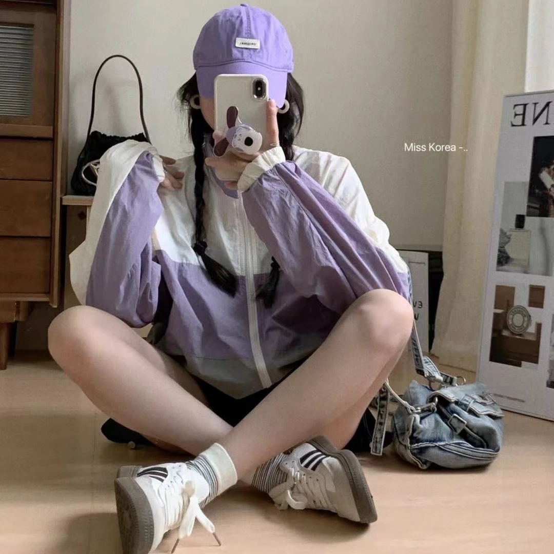 6663-速干拼色拉链登山外套（紫拼灰）防晒服