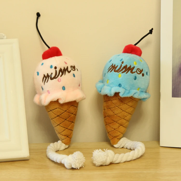 可爱冰激凌小狗玩具绳结泰迪宠物玩具磨牙发声幼犬毛绒益智狗玩具