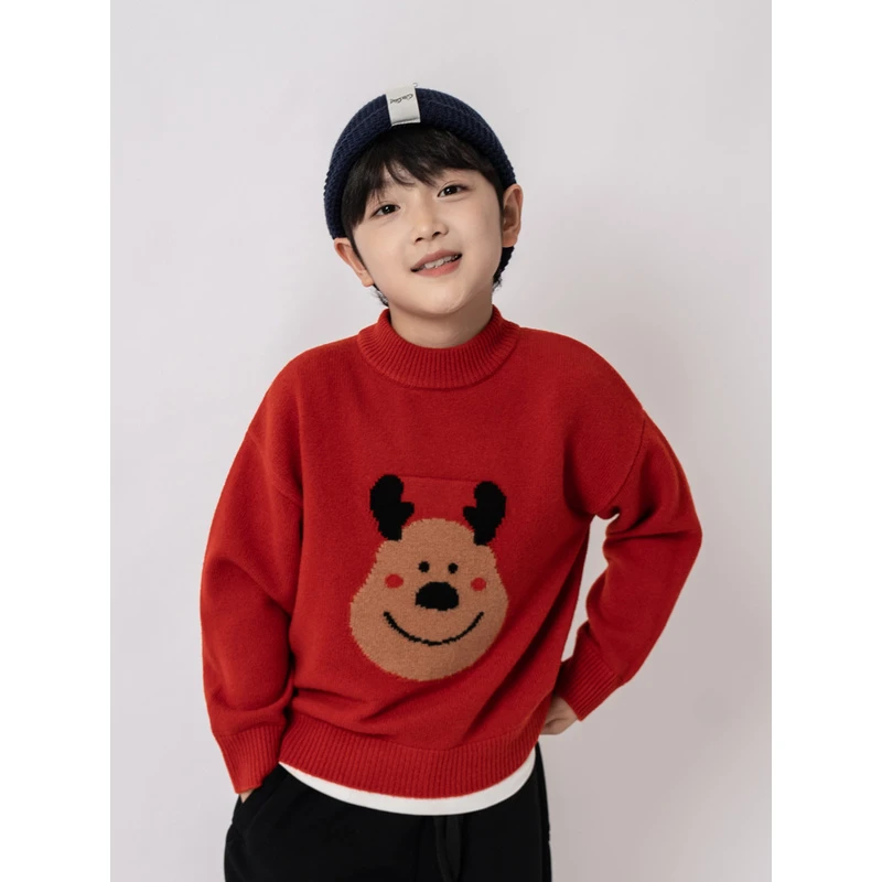 【100羊毛】新品男童毛衣儿童羊毛衫新年红色圣诞节麋鹿图拜年服