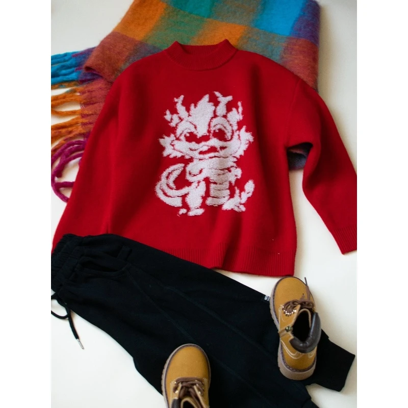 【100羊毛】男童新年红色毛衣儿童羊毛衫本命年加厚半高领领拜年