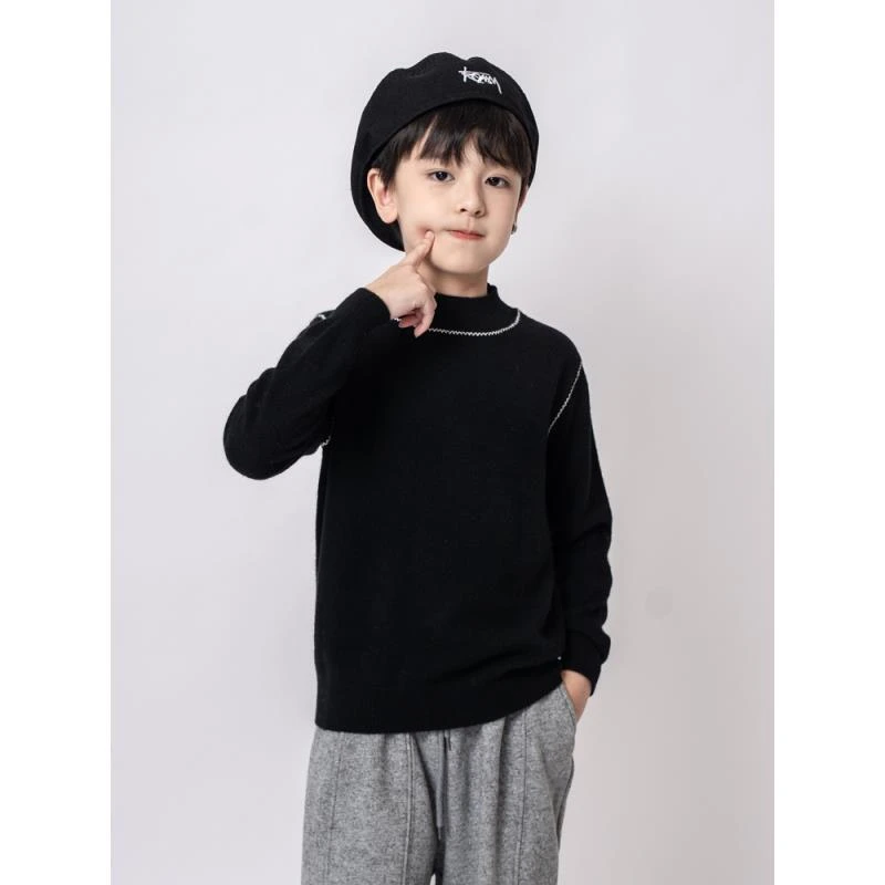 【100羊绒】男童半高领毛衣儿童山羊绒黑色纯色新款青少年冬季