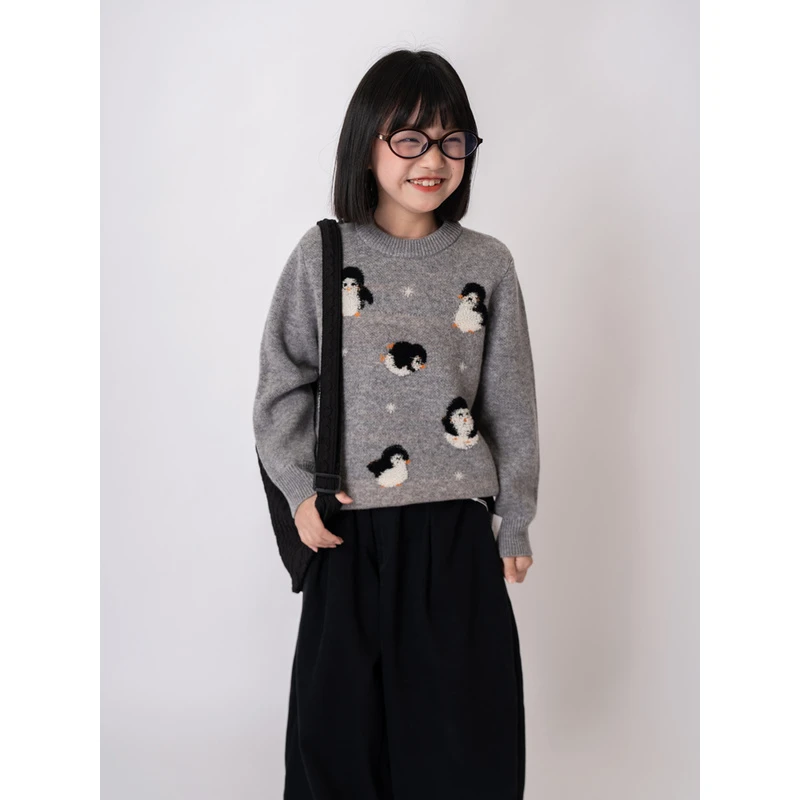 【100羊毛】女童加厚企鹅图案毛衣儿童羊毛衫女宝宝上衣百搭