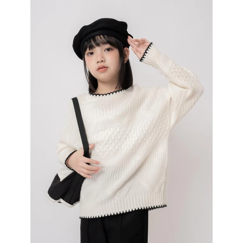 【100羊绒】女童米白色浅色毛衣儿童山羊绒简约气质感中大童