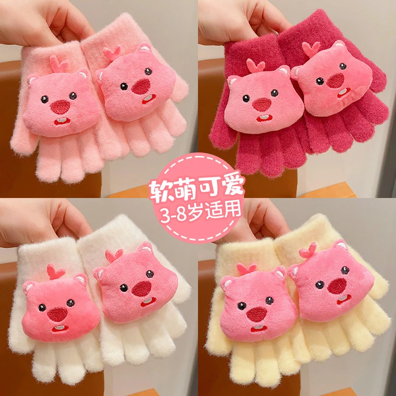 *儿童手套小海狸毛绒保暖卡通分指手套.男女孩冬季防风加绒五指套