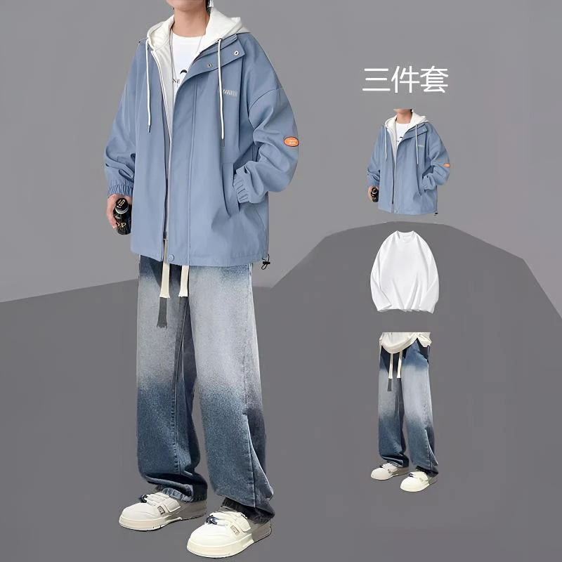 法式尤莱特假两件外套春秋季潮流百搭套装港风宽松工装夹克三件套