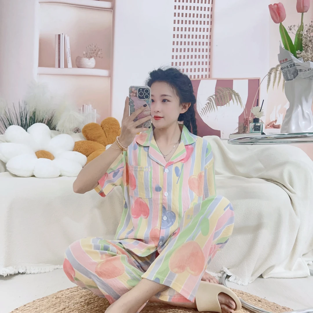 【尚忻睡衣】云朵棉睡衣女套装开衫短袖长裤6913