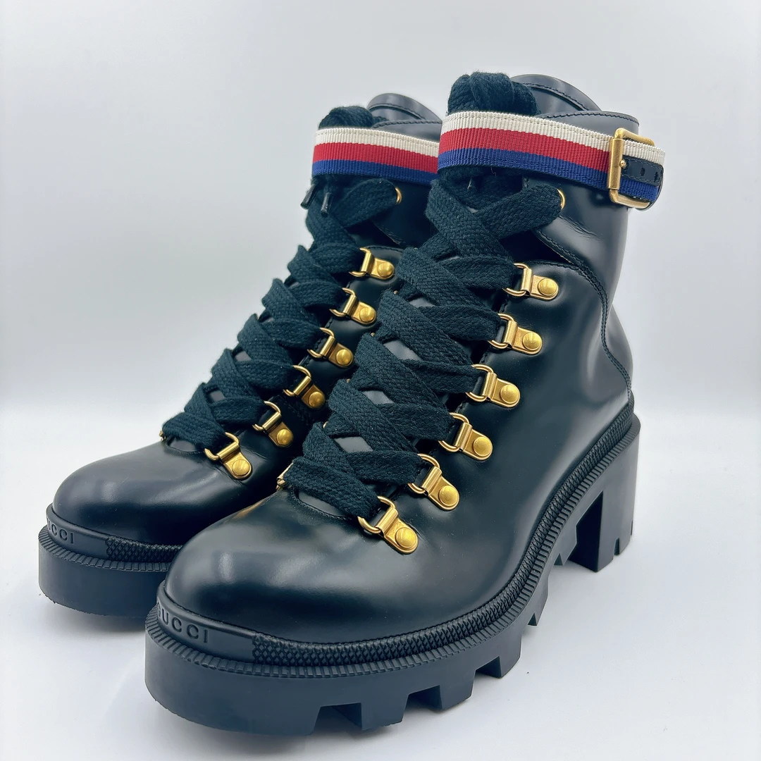 99新/古驰/Gucci36码/蓝白红编织绑带学院风高跟靴/BM00218
