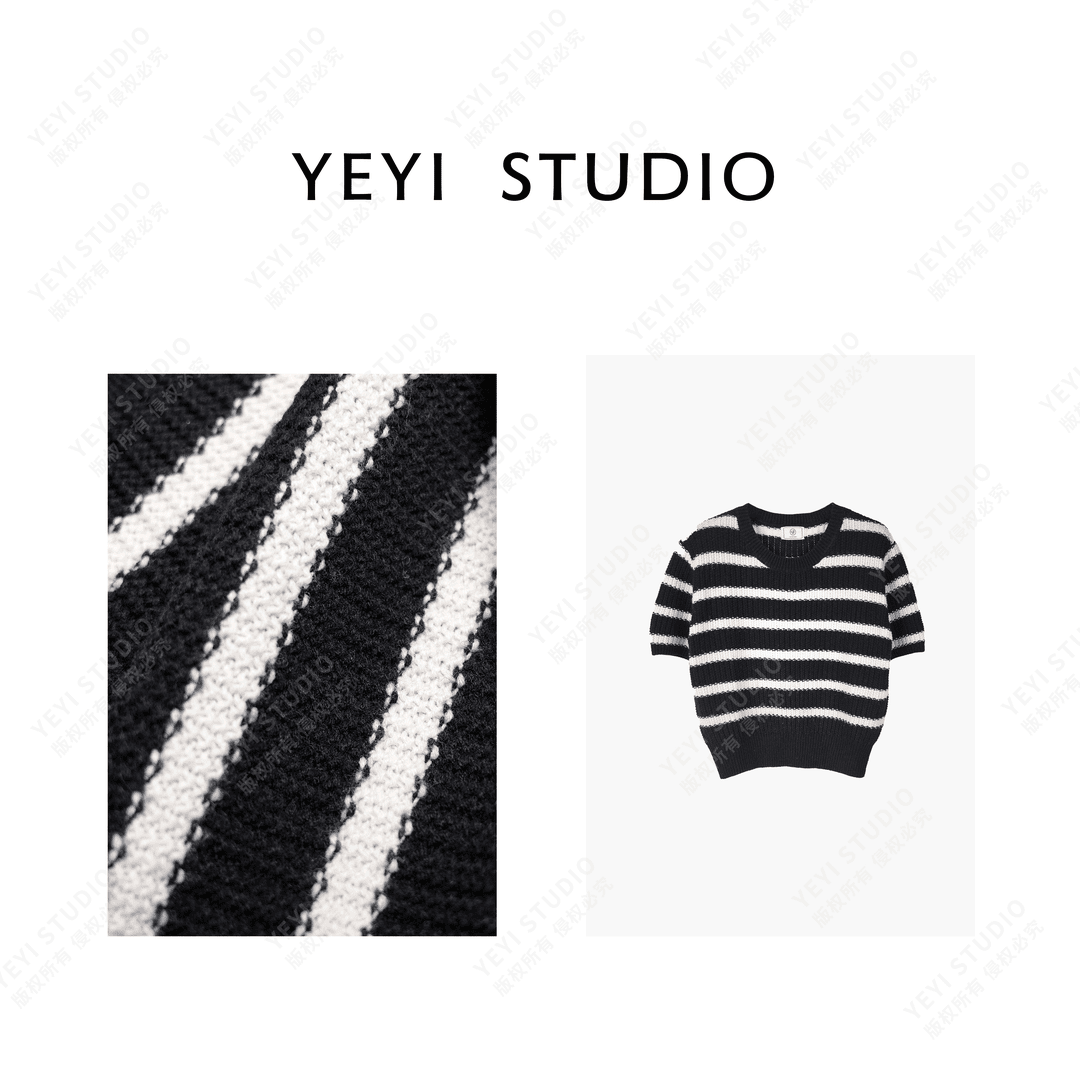 YEYI 新款时尚休闲黑白条纹圆领针织短袖T针织衫