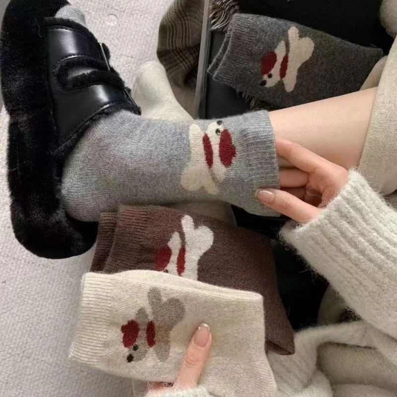 袜子针织女袜女秋冬毛绒小狗韩系卡通百搭中筒袜加厚堆堆袜保暖