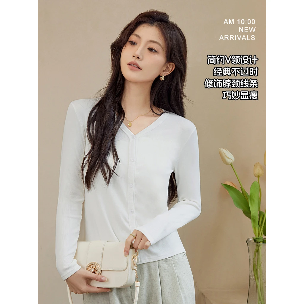 白色v领长袖T恤纯色弹力棉薄款上衣百搭显瘦6602休闲不过时开衫