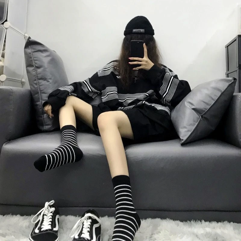 诸暨袜子女美拉德条纹秋冬季中筒袜学院风加厚保暖长袜ins潮百搭