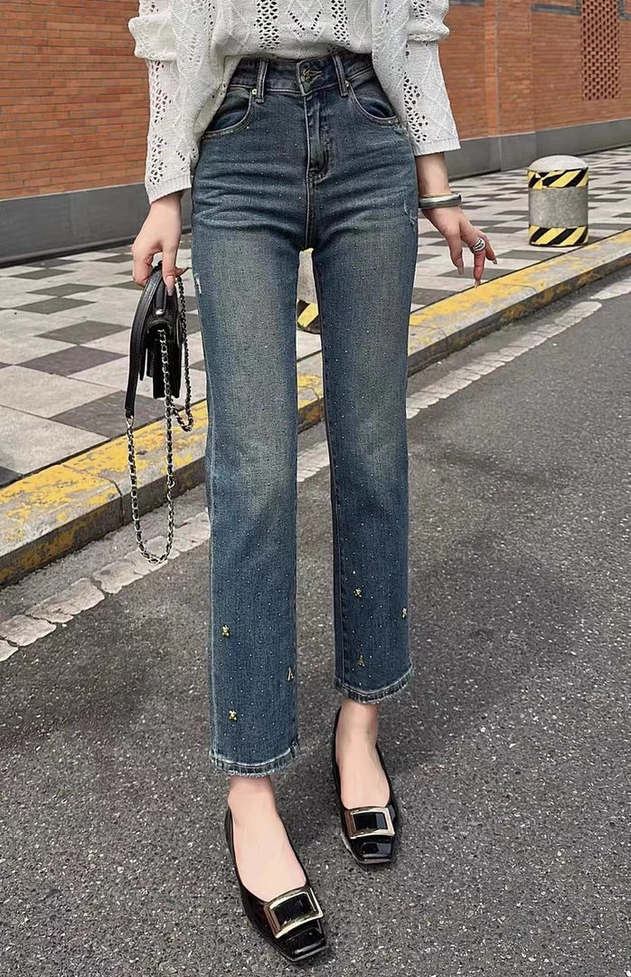 【晓茹家】2023新款一粒扣订金属扣直筒显瘦牛仔裤