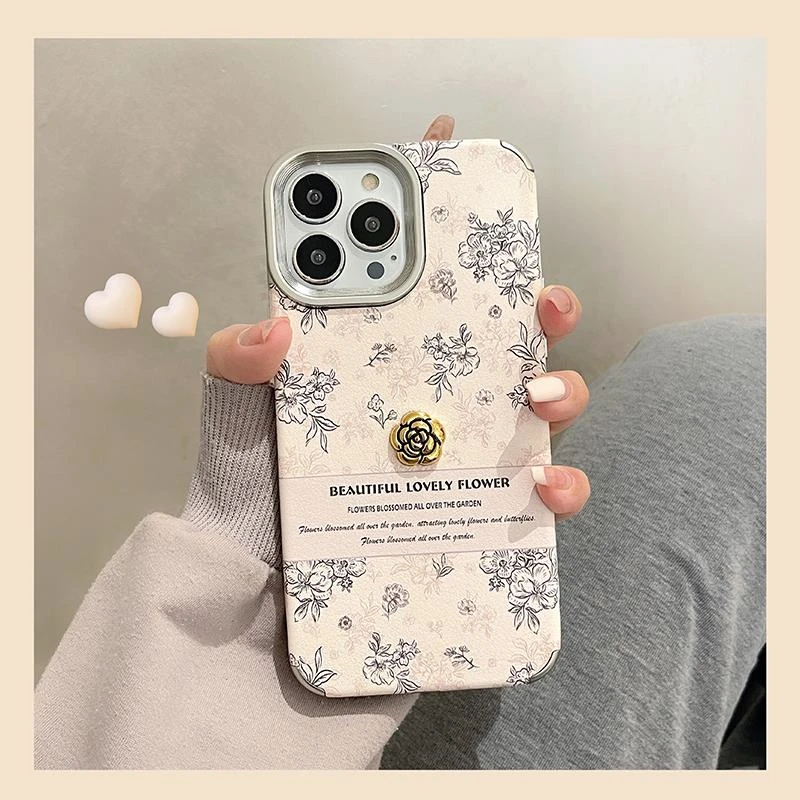 ins秋冬皮纹适用苹果15pro小碎花手机壳iphone14高级感13全包情侣