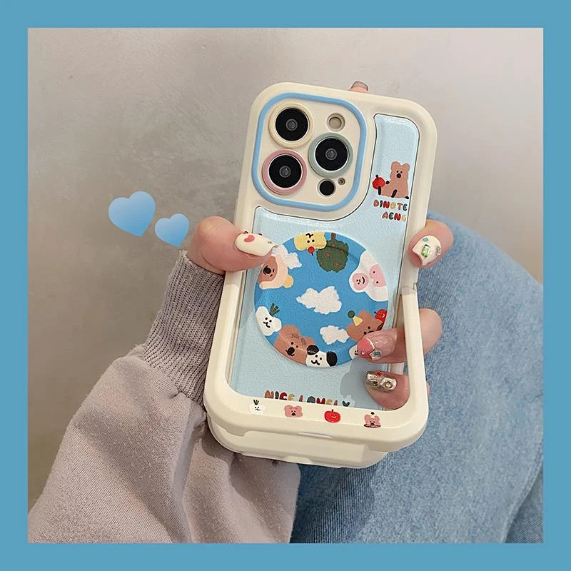 卡通可爱小熊适用苹果15支架手机壳iphone14创意12小众13高级感11