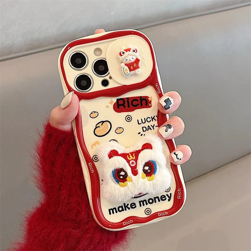 秋冬毛绒舞狮适用iphone苹果手机壳15pro新款14龙年13小众12软11