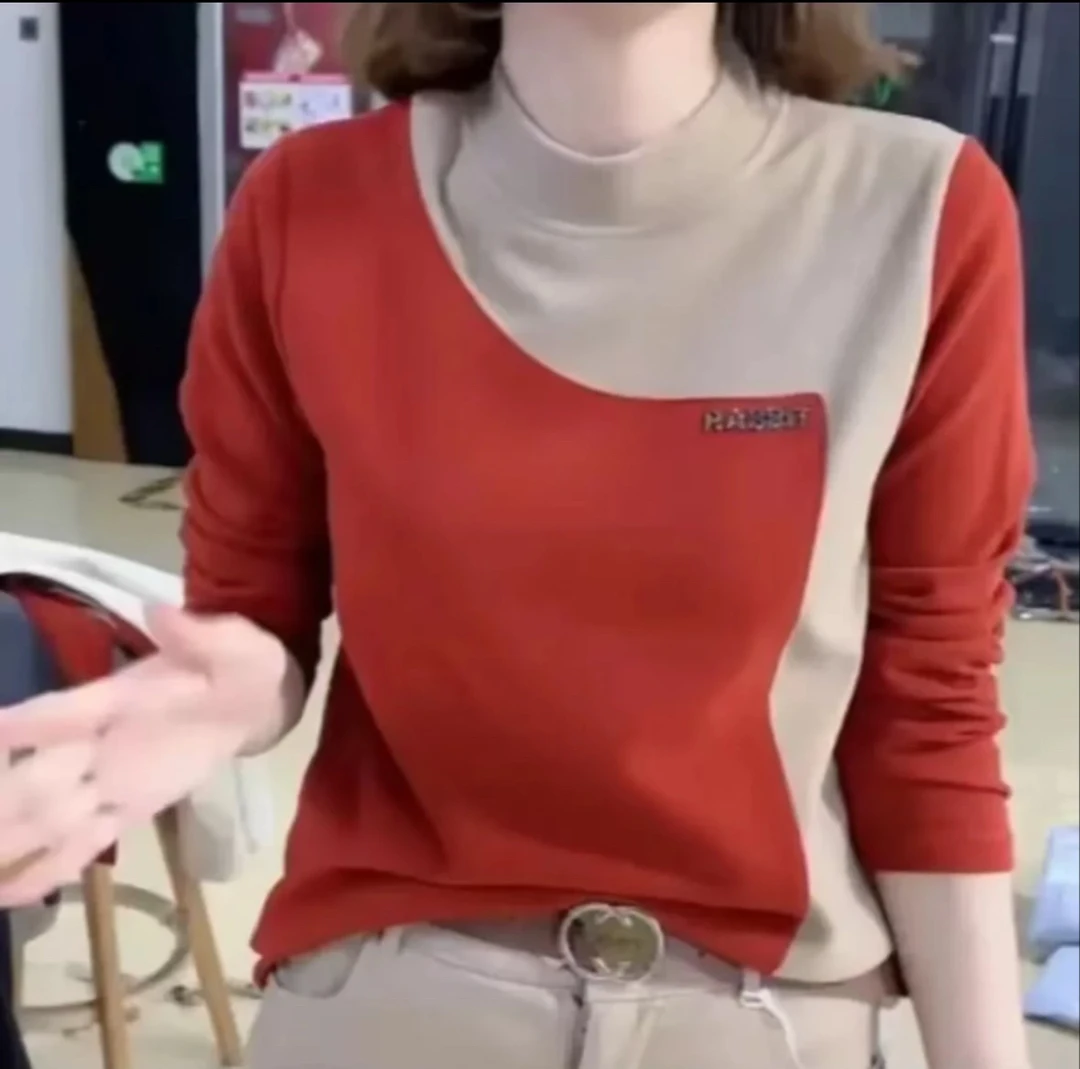 2025新款德绒拼接圆领保暖打底衫女气质上衣秋冬季修身长袖t恤女