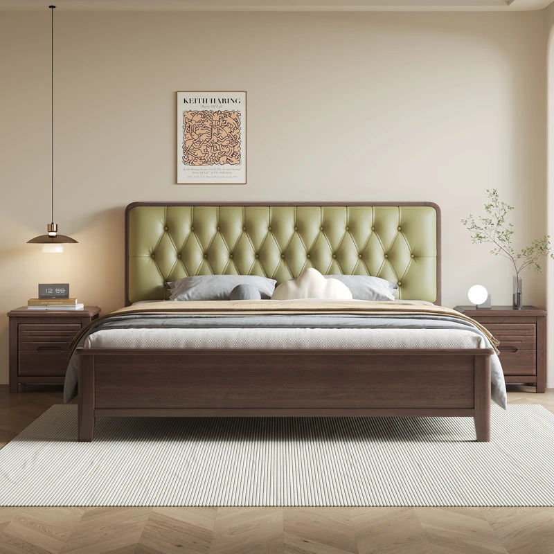 悦境北美胡桃木实木软包床主卧1.8米双人1.5米原木新中式厂家批发