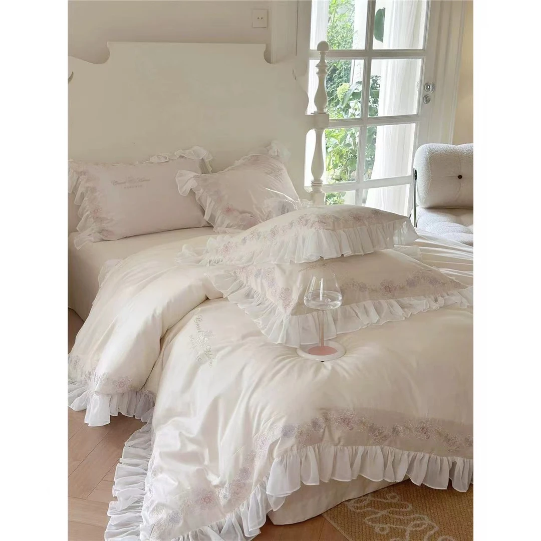 法式浪漫蕾丝刺绣寝具裸睡级床品高端纯棉长绒棉四件套尼斯花园