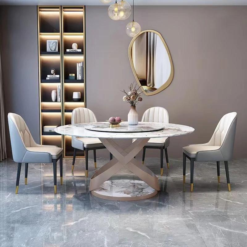 轻奢岩板圆餐桌现代简约小户型高端亮光家用圆形餐桌带转盘式饭桌