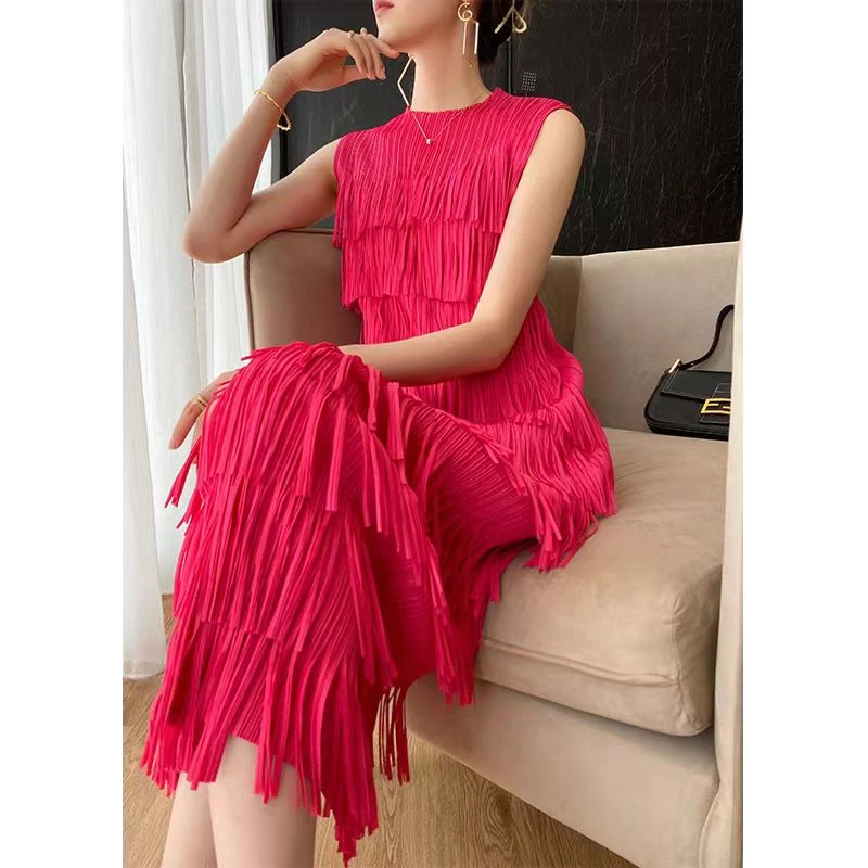 2025法式时尚高端气质显瘦遮肉纯色压褶流苏连衣裙夏季时尚