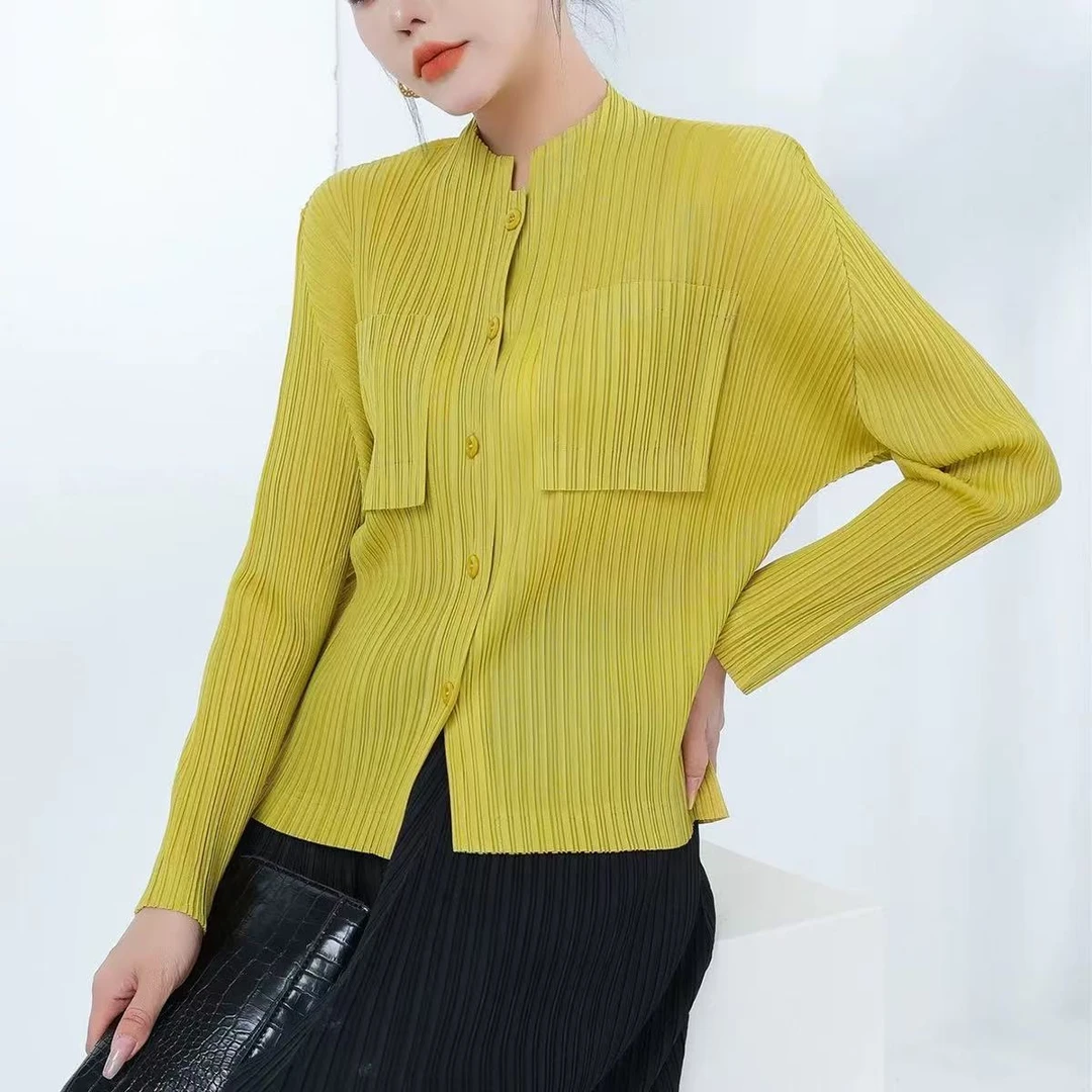 三宅2024春夏秋新款褶皱上衣显瘦立领长袖衬衫优雅气质开衫修身女