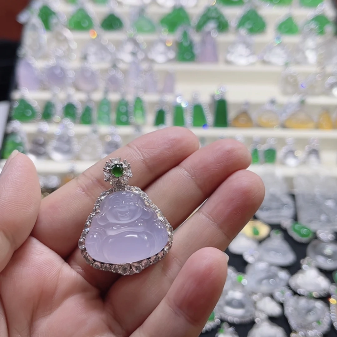 天然玉石，天然紫玉髓紫气东来佛公s925银镶嵌