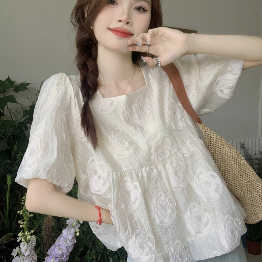 小清新宽松短款泡泡短袖上衣女甜美法式别致玫瑰提花方领衬衫夏季