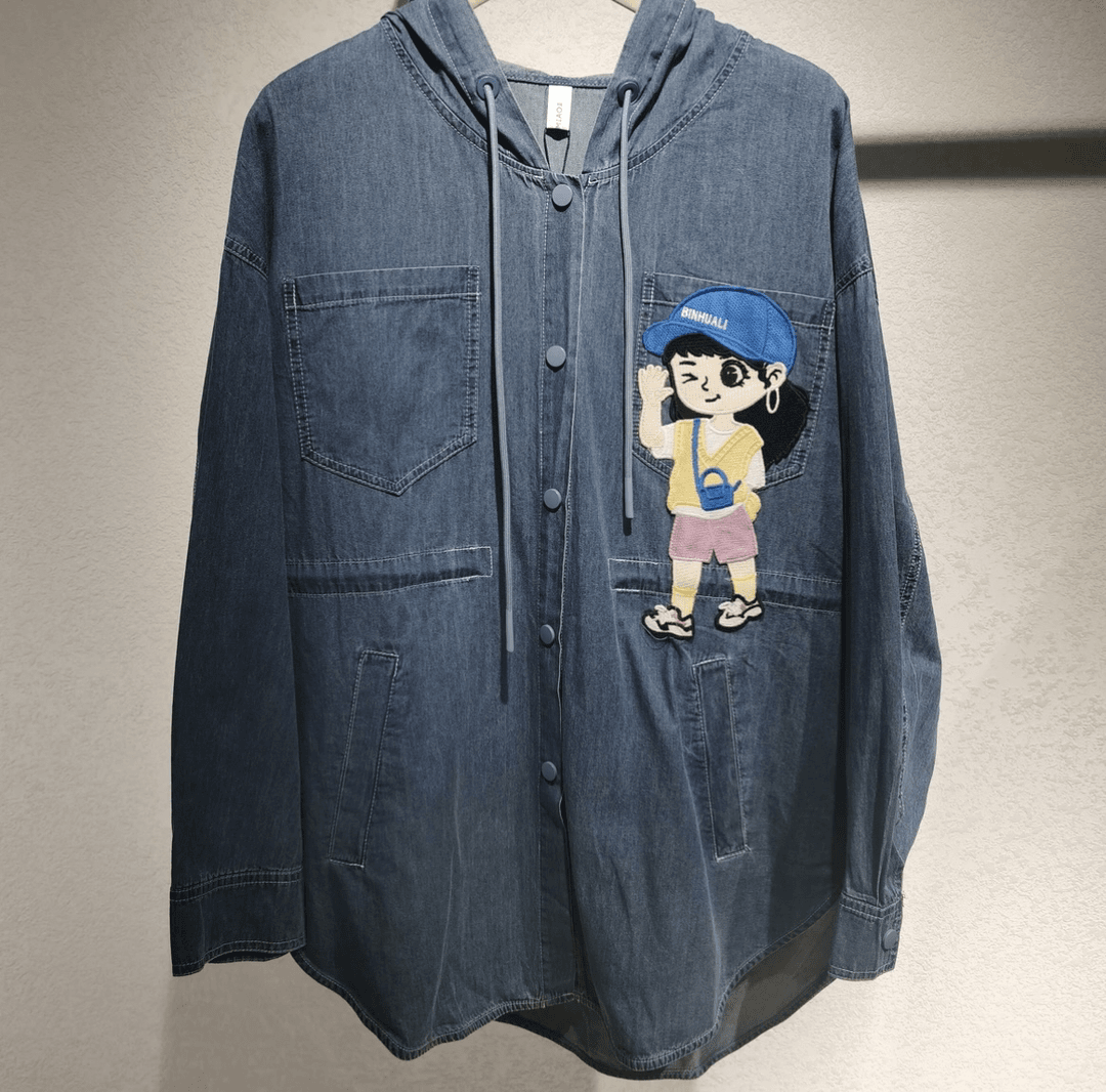 水淼春装新款8303时尚连帽休闲牛仔衬衫