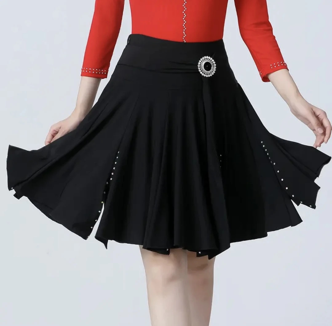 伦巴短裙高腰拉丁舞裙大摆裙A字半身裙交谊舞裙子镶钻拼接