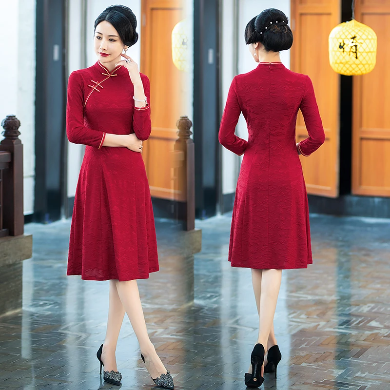 复古时尚高档改良旗袍连衣裙春秋冬红色洋气妈妈装喜婆婆婚宴礼服