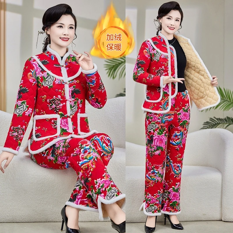 加绒保暖东北大花棉衣棉裤套装冬季新款妈妈装中式棉袄居家服外穿