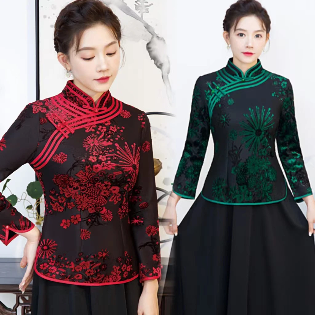 春秋新款高档复古中国风改良旗袍上衣中式唐装打底衫时尚妈妈装女