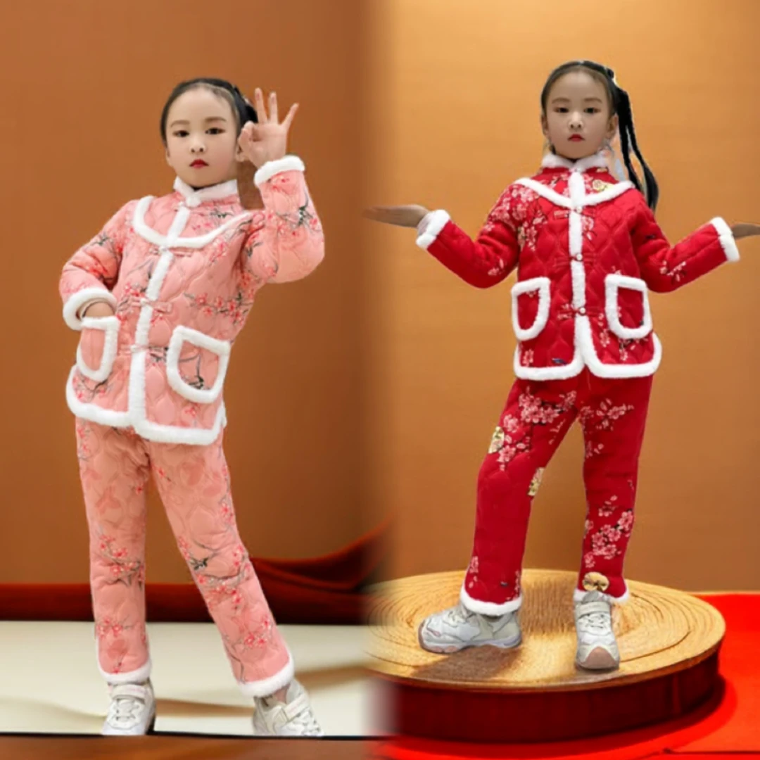 冬季加绒保暖女孩洋气唐装棉衣棉裤两件套复古中国风拜年服小花袄