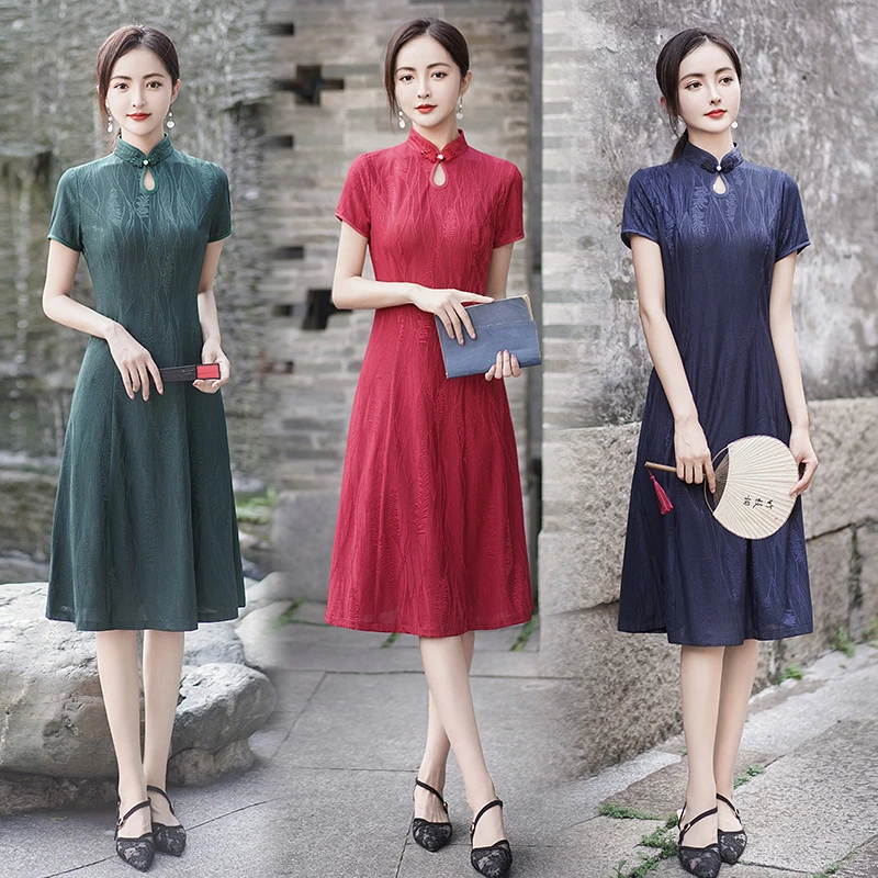 夏季新款新中式改良旗袍连衣裙气质显瘦妈妈装裙子中长款短袖