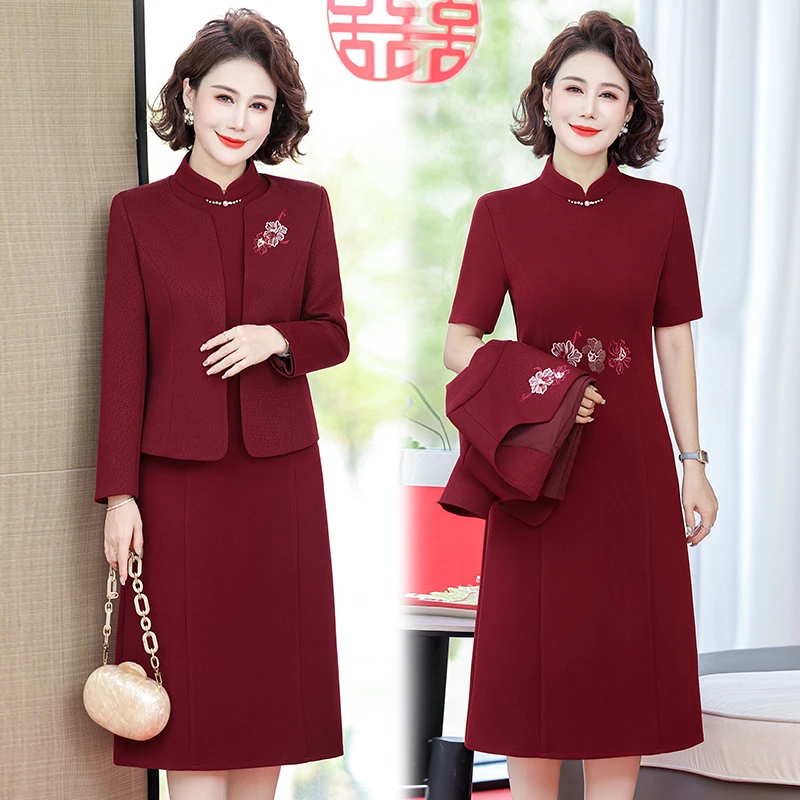 春秋新款妈妈装高档改良旗袍婚宴礼服中老年大码连衣裙外搭两件套